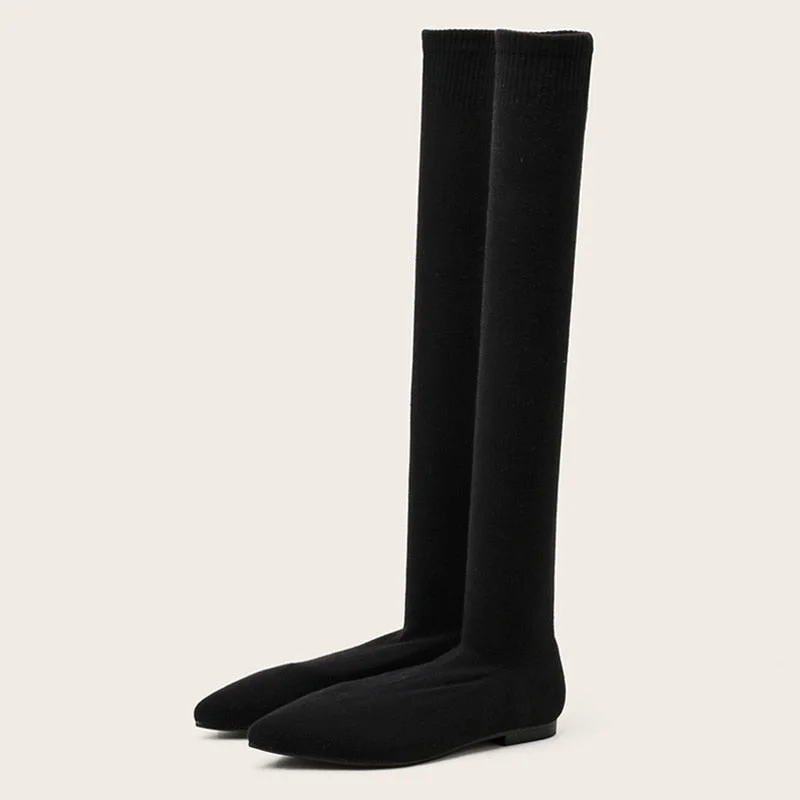 Size 34-40 Fashion Slim Leg Thigh High Sock Boots Women Black Stretch Fabric Pointed Toe Flat Heels Over The Knee Slip On Shoes
