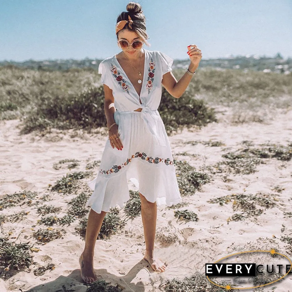 White Embroidery Front Open Short Sleeve Dress