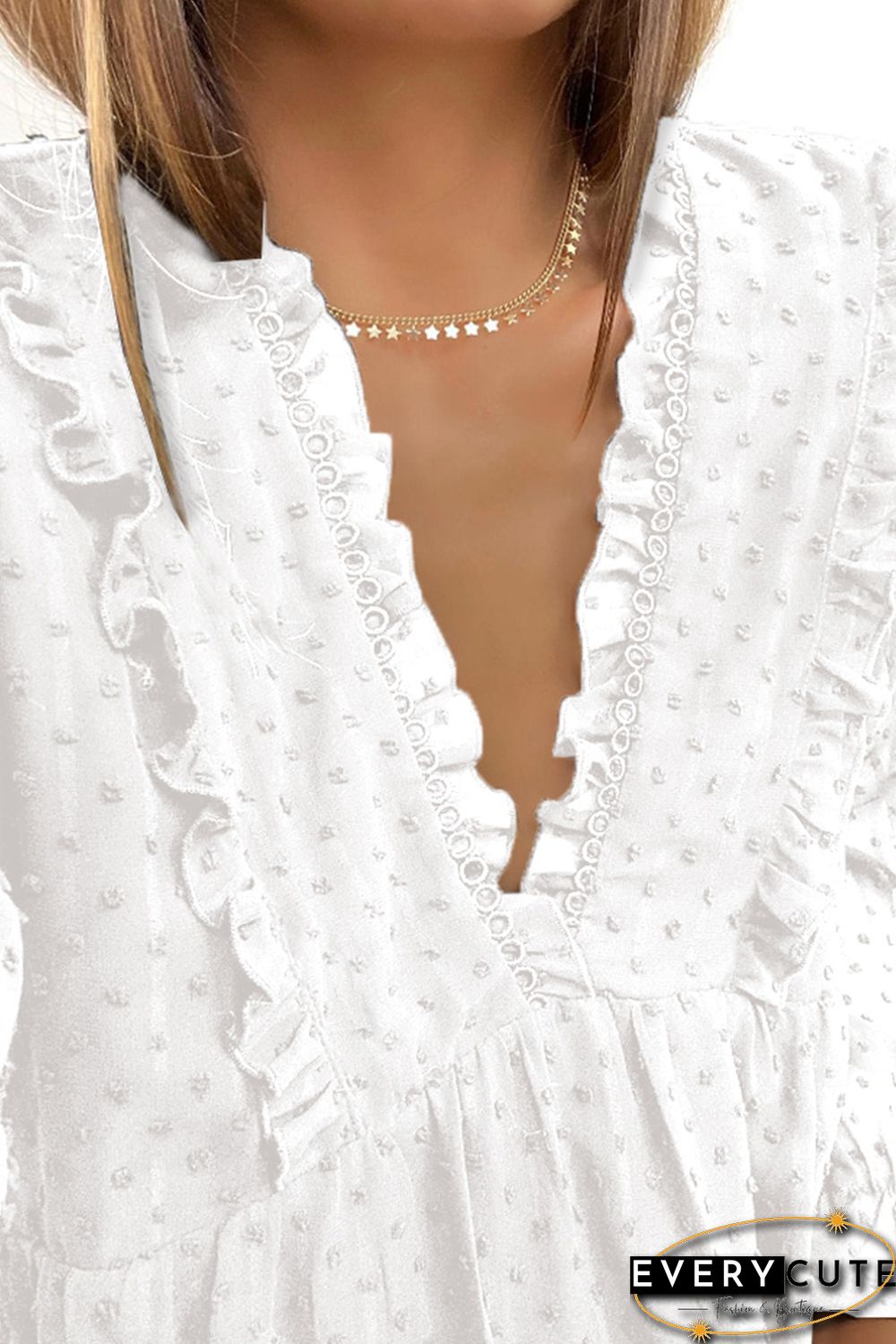 White Swiss Dot Ruffle V Neck Mini Dress