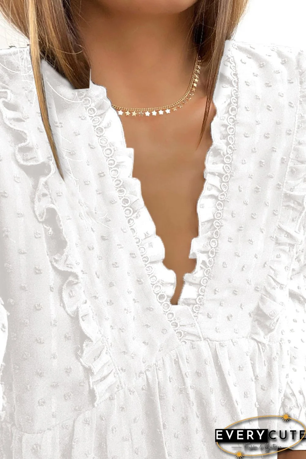 White Swiss Dot Ruffle V Neck Mini Dress