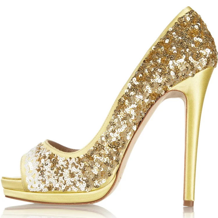 Golden Glitter Peep Toe Stiletto Heels Prom Pumps Vdcoo
