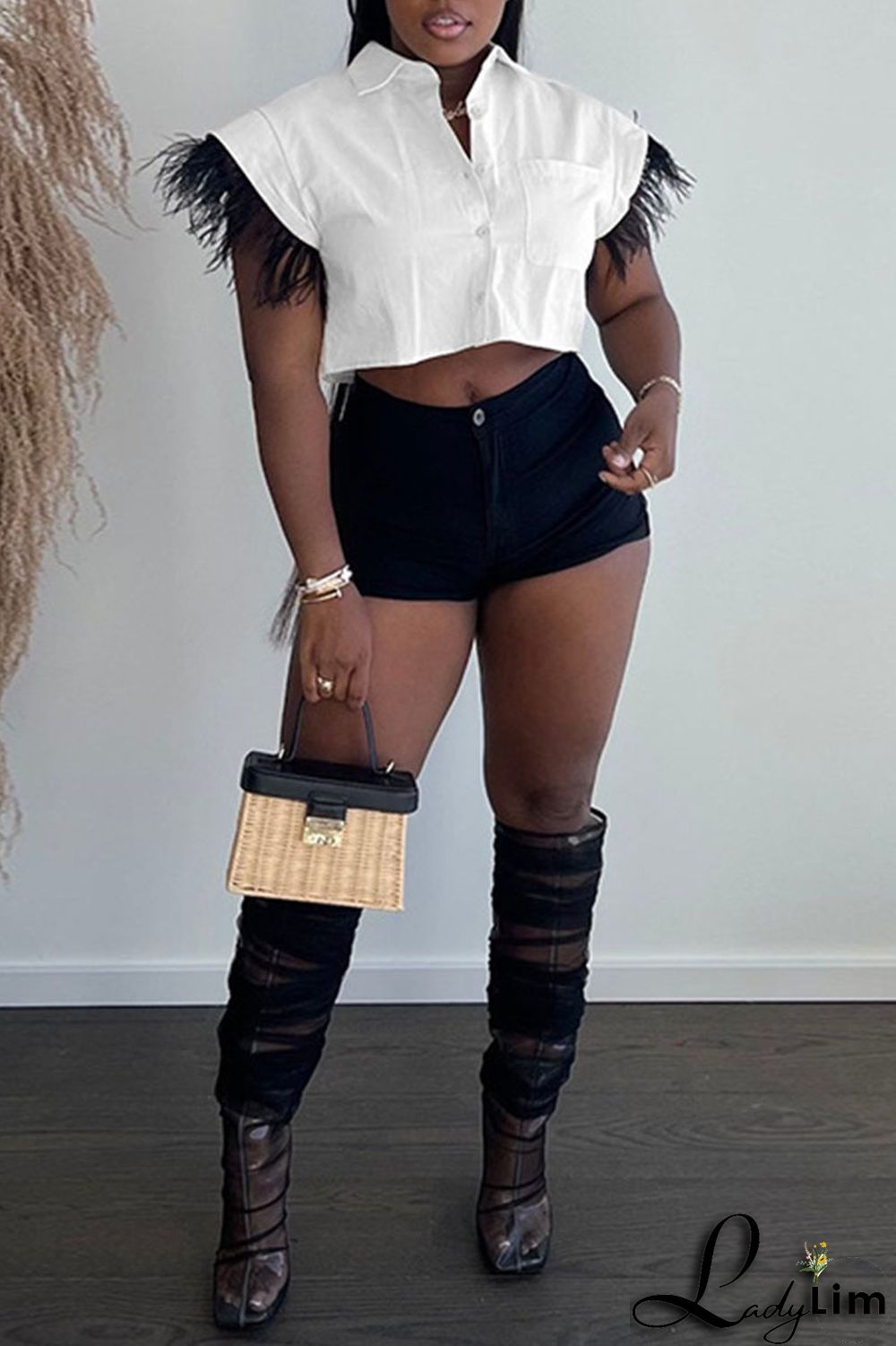 Green Casual Solid Patchwork Buckle Feathers Turndown Collar Tops