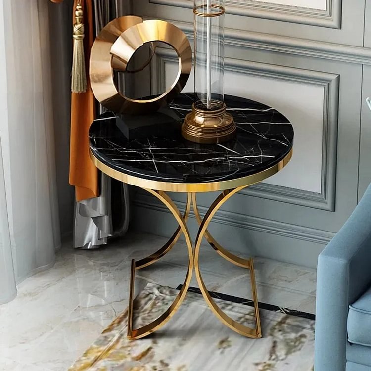 Homemys Modern Luxurious Round Stone Side Table X-Base End Table in Gold
