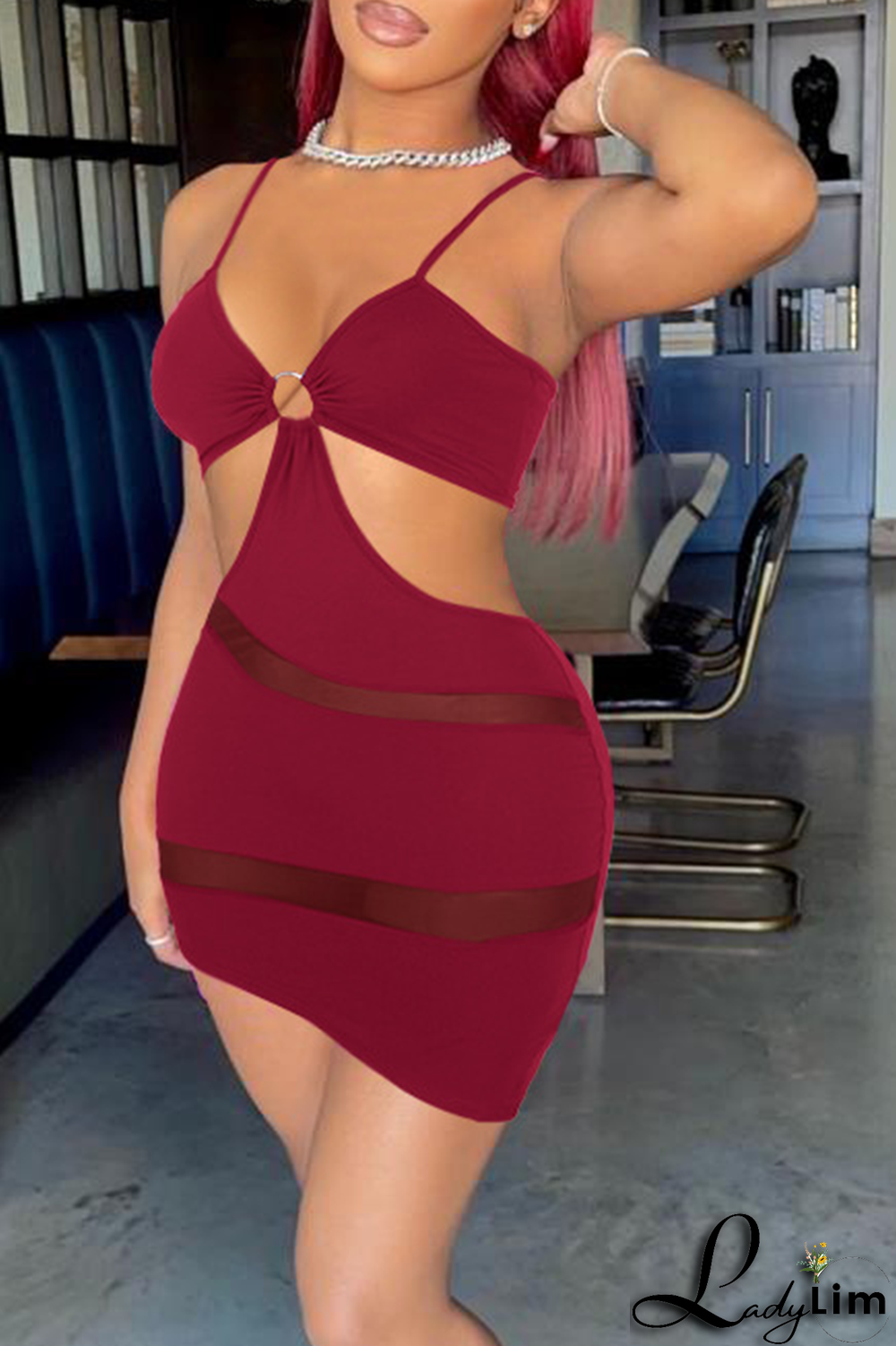 Burgundy Sexy Solid Mesh Spaghetti Strap Pencil Skirt Dresses