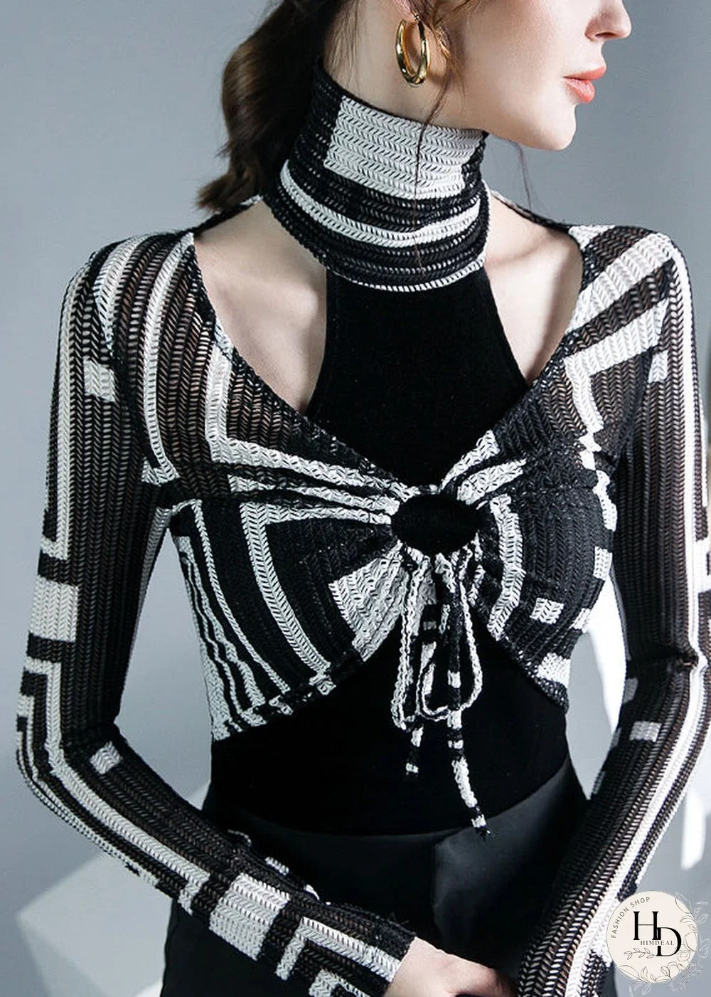 Organic Turtleneck Cinched Plaid Hollow Out Tops Bottoming Shirt