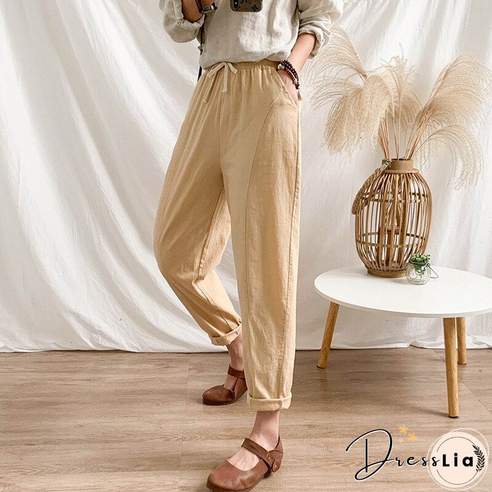 Summer Womens Pants-Cotton Linen Large Size Casual Loose Ankle-Long Capri Drawstring