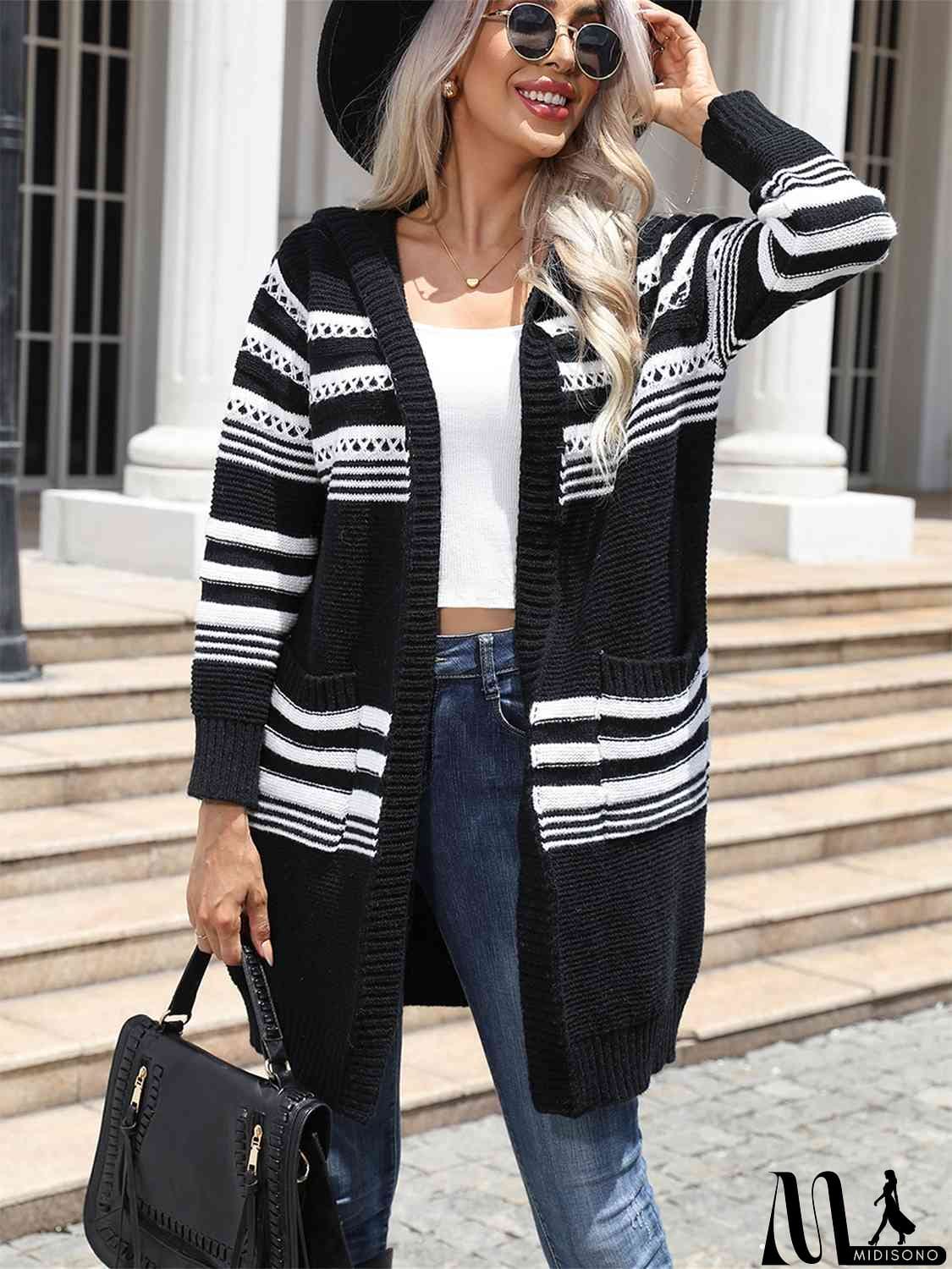 MidiSono - Striped Open Front Hooded Cardigan