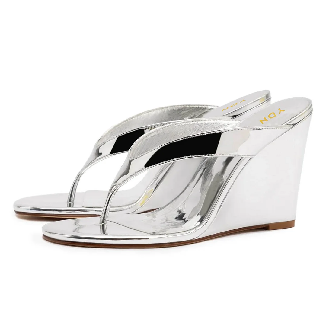 Metallic Finish Open Round Toe Flip Flop Wedge Sandals in Silver