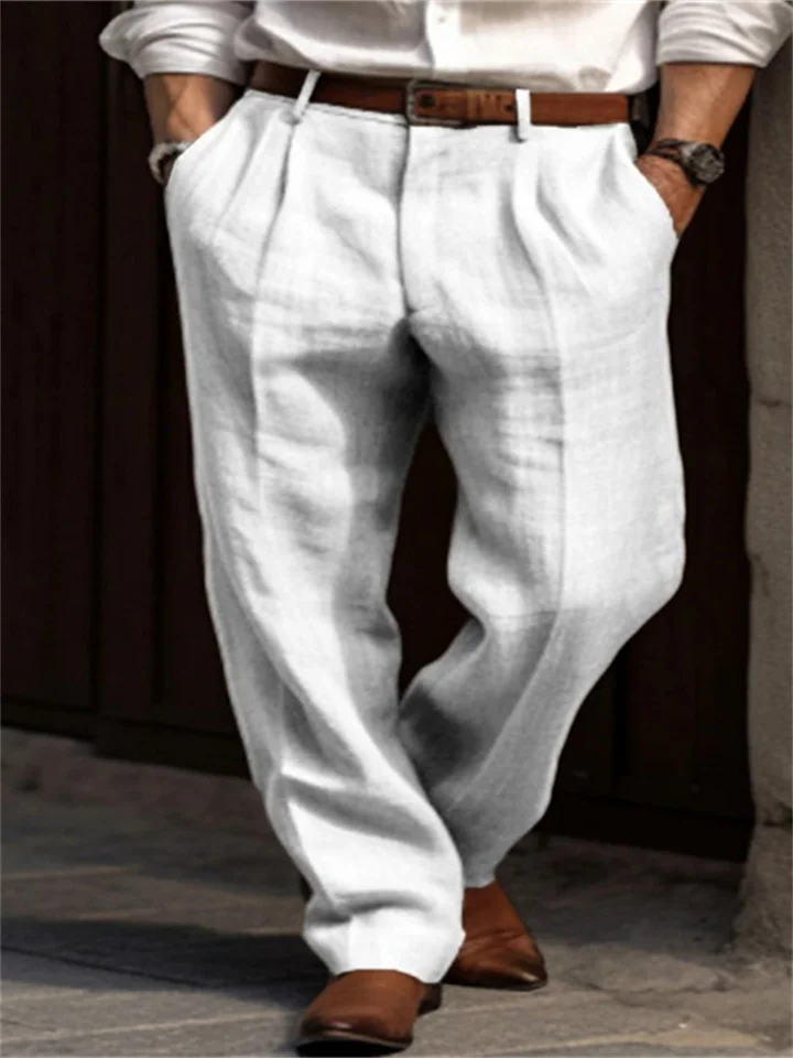 Men's Linen Pants Double Pleated Solid Color Comfortable Breathable Casual Cotton Blend Fashion