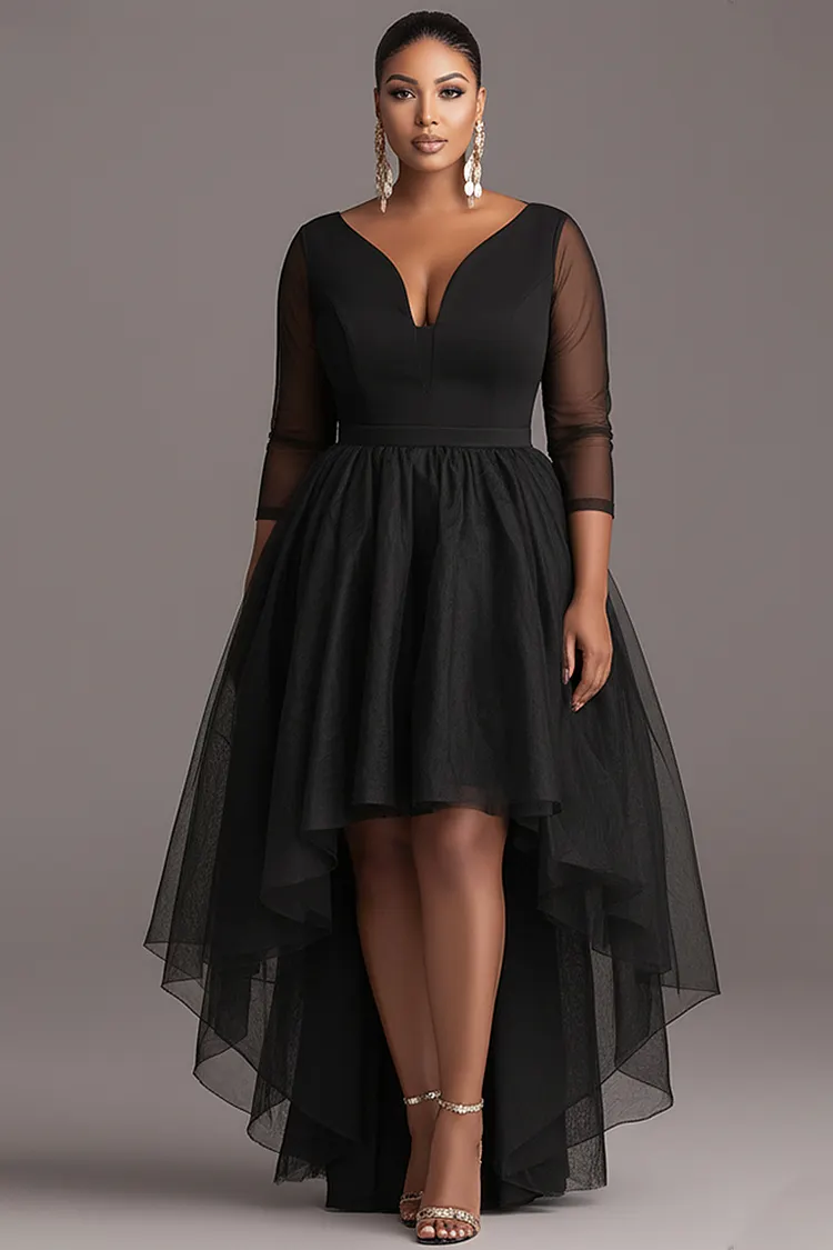 Xpluswear Design Plus Size Party Black V Neck 3/4 Sleeve High Low Hem See Through Tulle Mini Dresses [Pre-Order] 2024 - Xpluswear