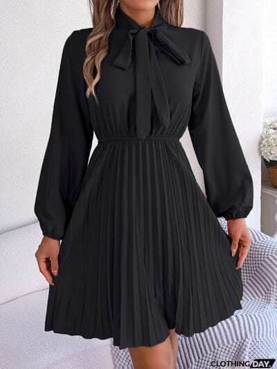 Tie Neck Balloon Sleeve Pleated Dress