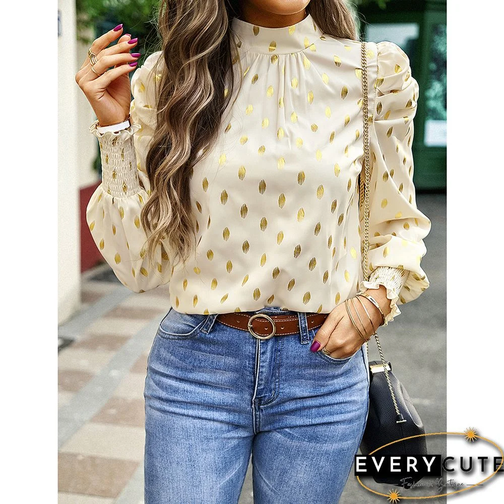 Khaki Polka Dot Pleated Cuffs Long Sleeve Tops
