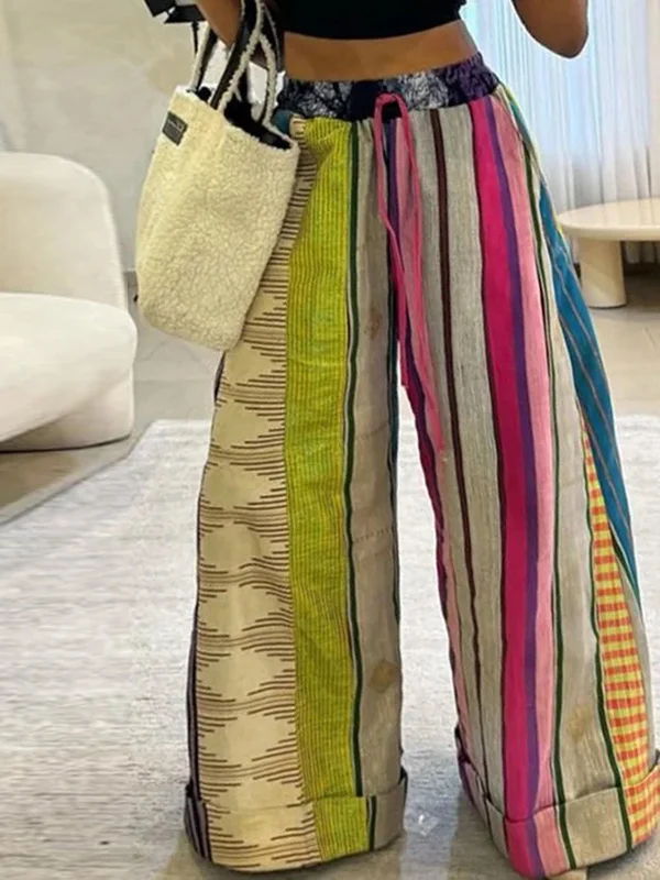 Contrast Color Drawstring Printed Striped Loose Wide Leg Trousers Casual Pants Bottoms