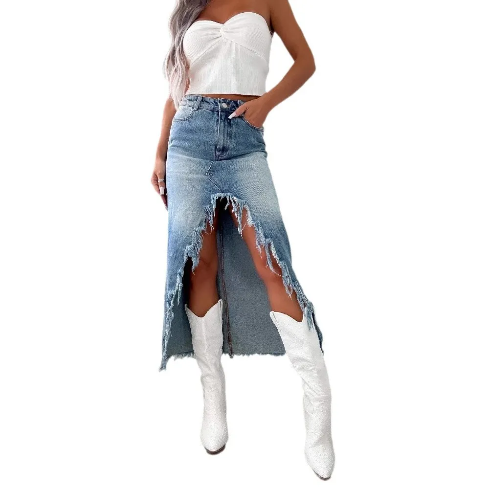 Women's High Waist Gradient Denim Midi Skirt