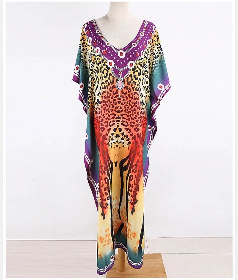 Fitshinling Leopard Print Oversize Beach Long Dress Women Holiday Boho Batwing Sleeve Robe Kaftan Side Split Straight Dresses