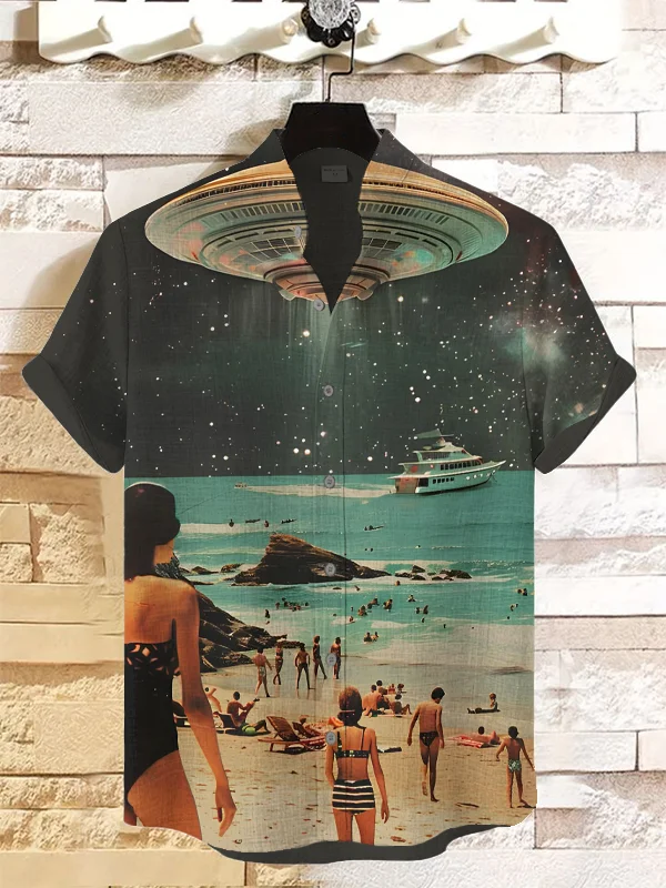 Men's Vacation Beach UFO Vintage Print Shirt