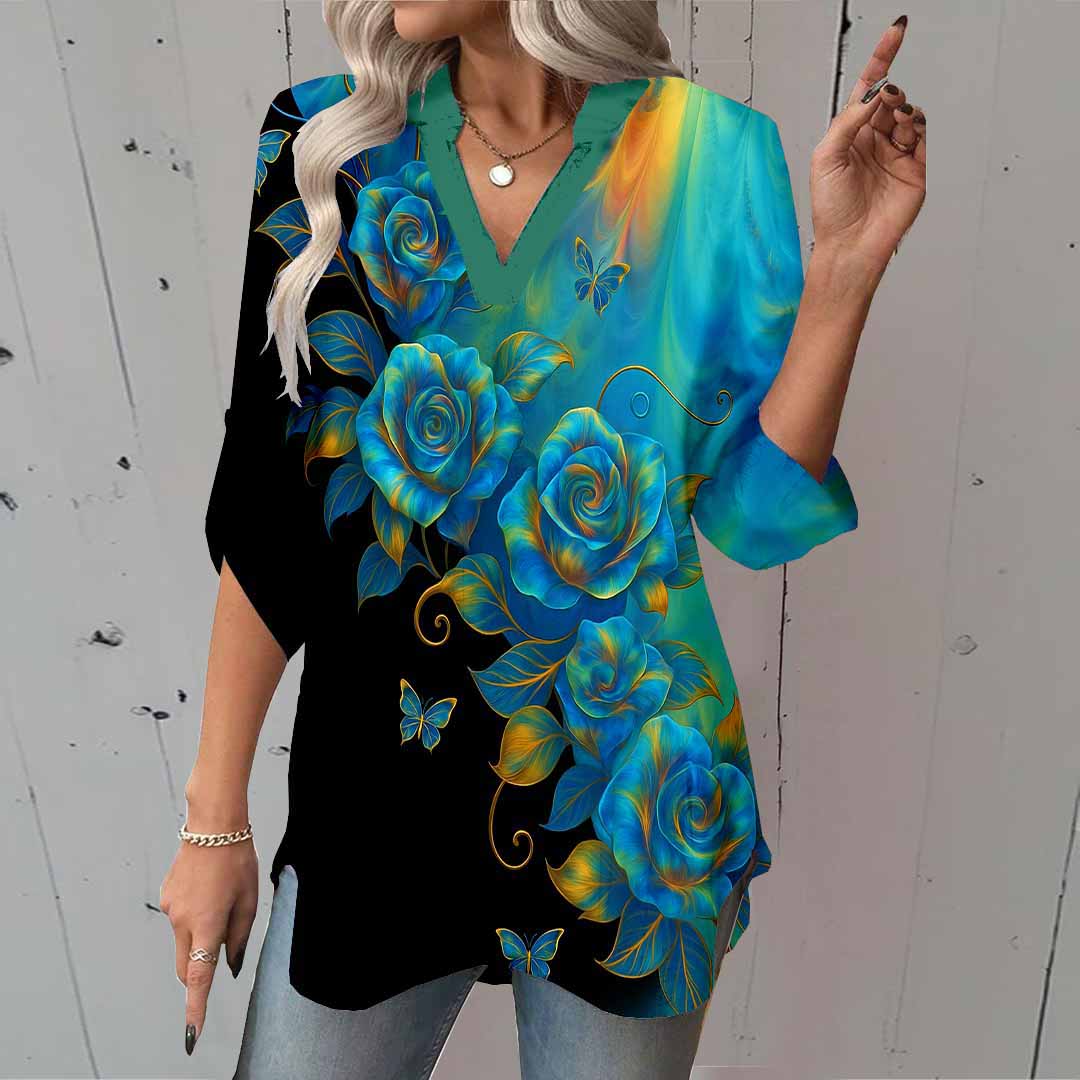 Women Floral,Turquoise DZGA0793 3/4 Sleeve V-neck Printed Graphic Button Tops