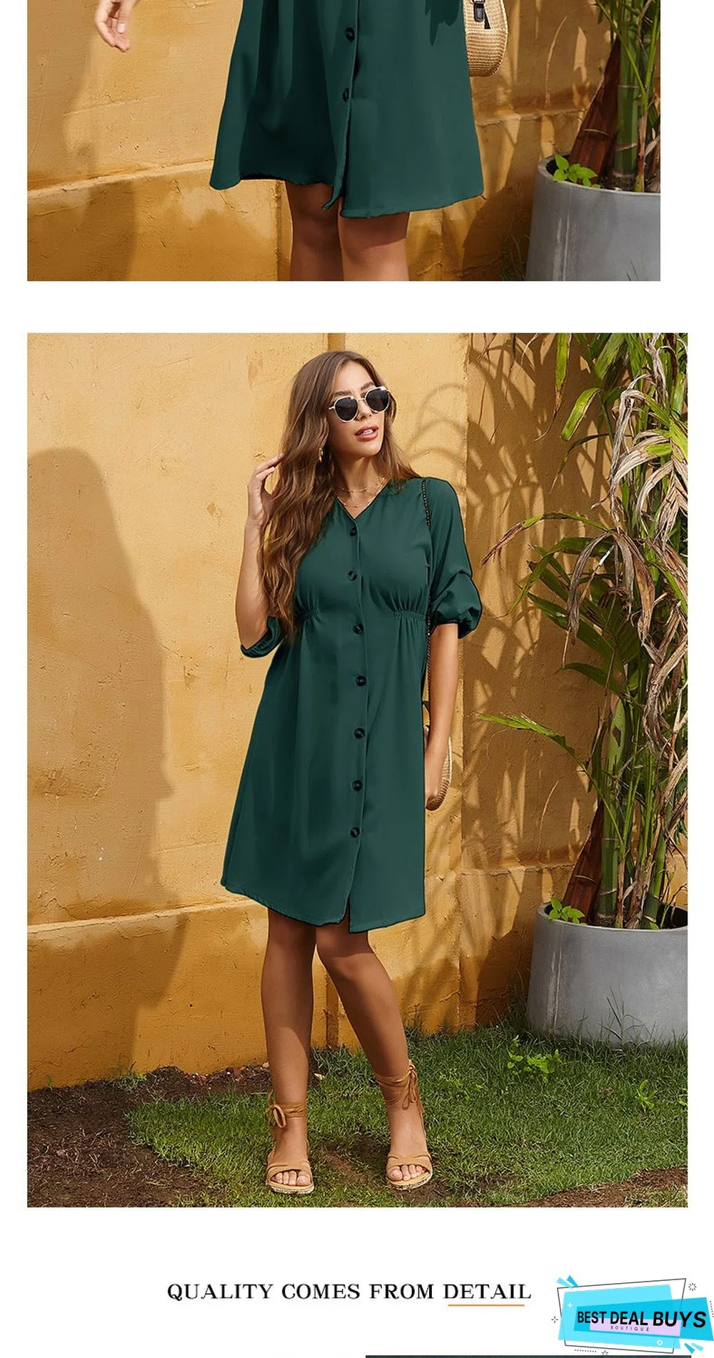 Solid-colored Loose-fitting Mid-sleeve Pleated Shirt Large Swing Dress