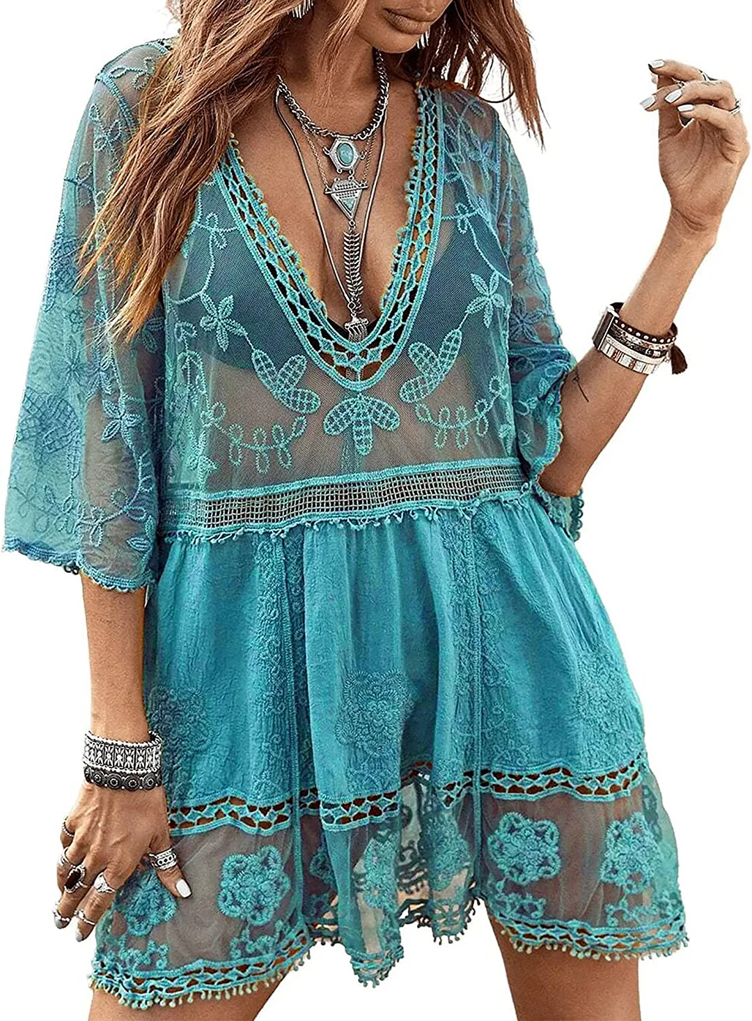 B2prity Women's Contrast Lace Bathing Suit Cover Up V-Neck Swimsuit Coverups Loose Swimwear Beach Dress Beachwear