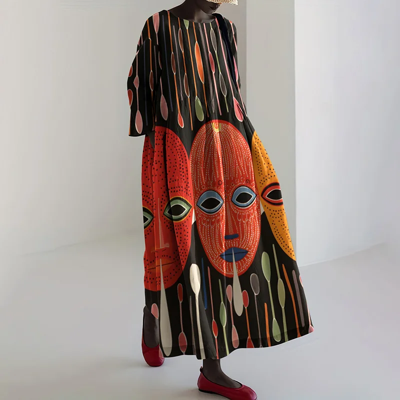 Vintage Abstract Mask Linen Long Sleeve Dress