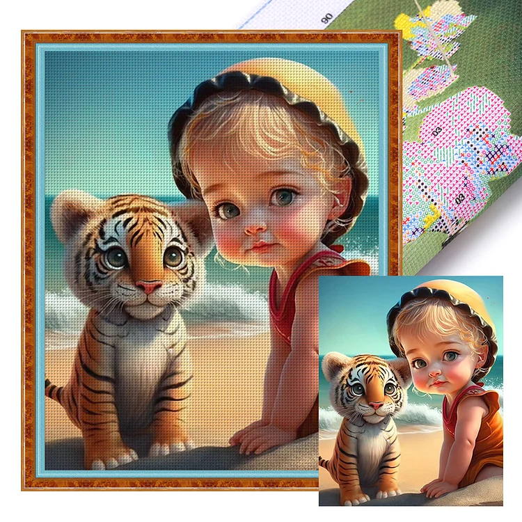 Girl And Cute Tiger 11CT (40*50CM) Stamped Cross Stitch gbfke