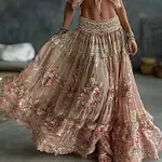 Women's Vintage Romantic Floral Roses Art Linen Blend Casual Skirt - Image 2