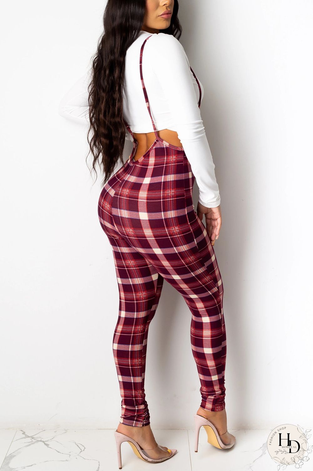 Red Fashion Casual Plaid Print Pants High Waist Bib Trousers