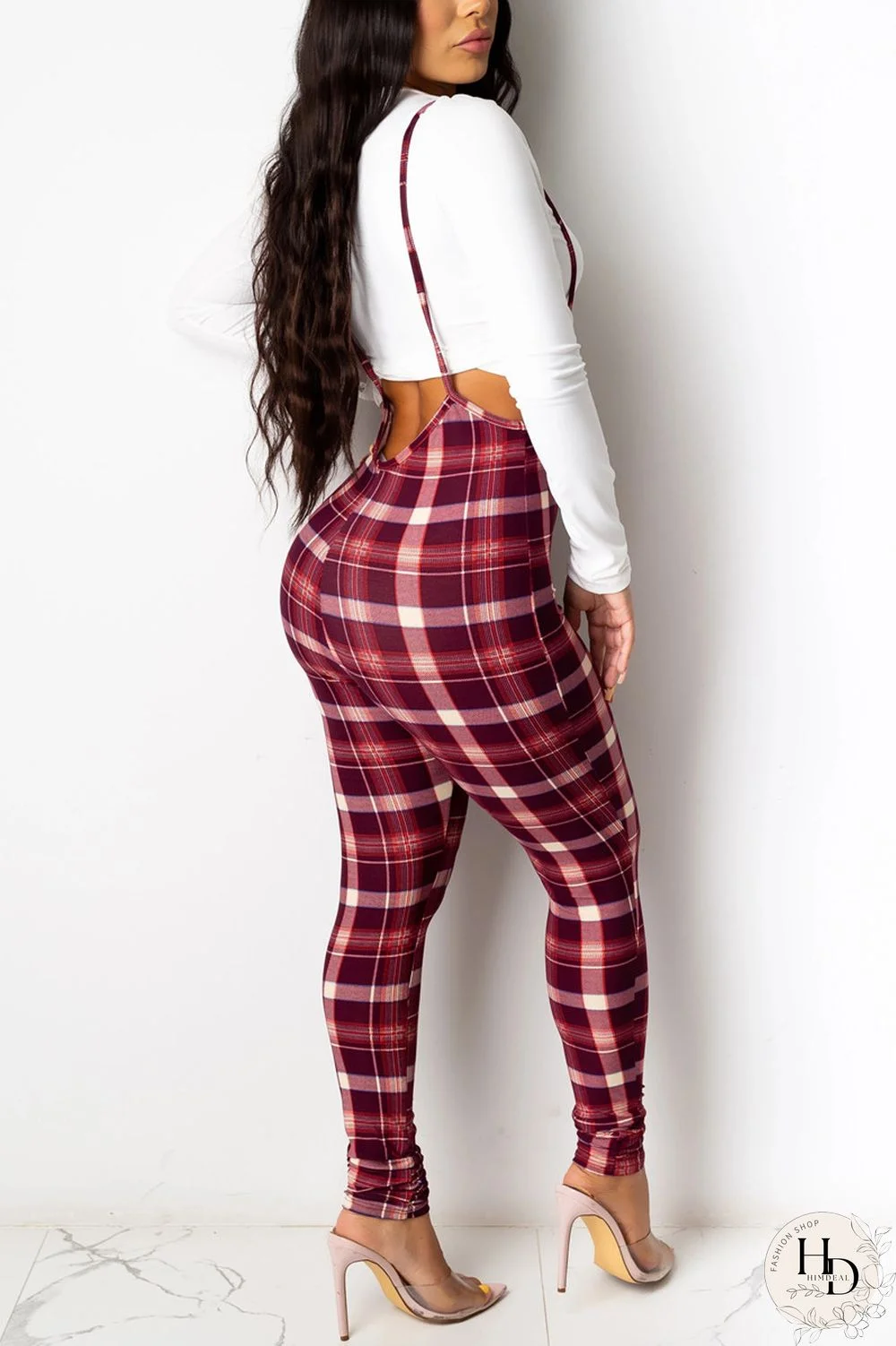 Red Fashion Casual Plaid Print Pants High Waist Bib Trousers