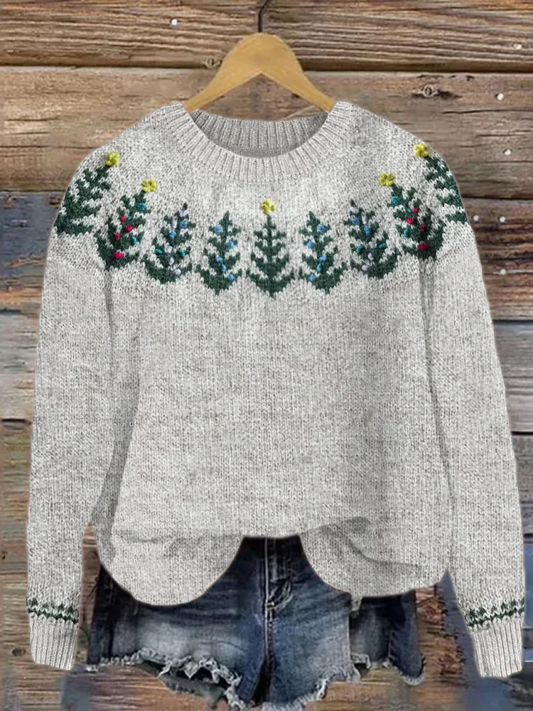 Christmas Trees Inspired Cozy Knit Yoke Sweater