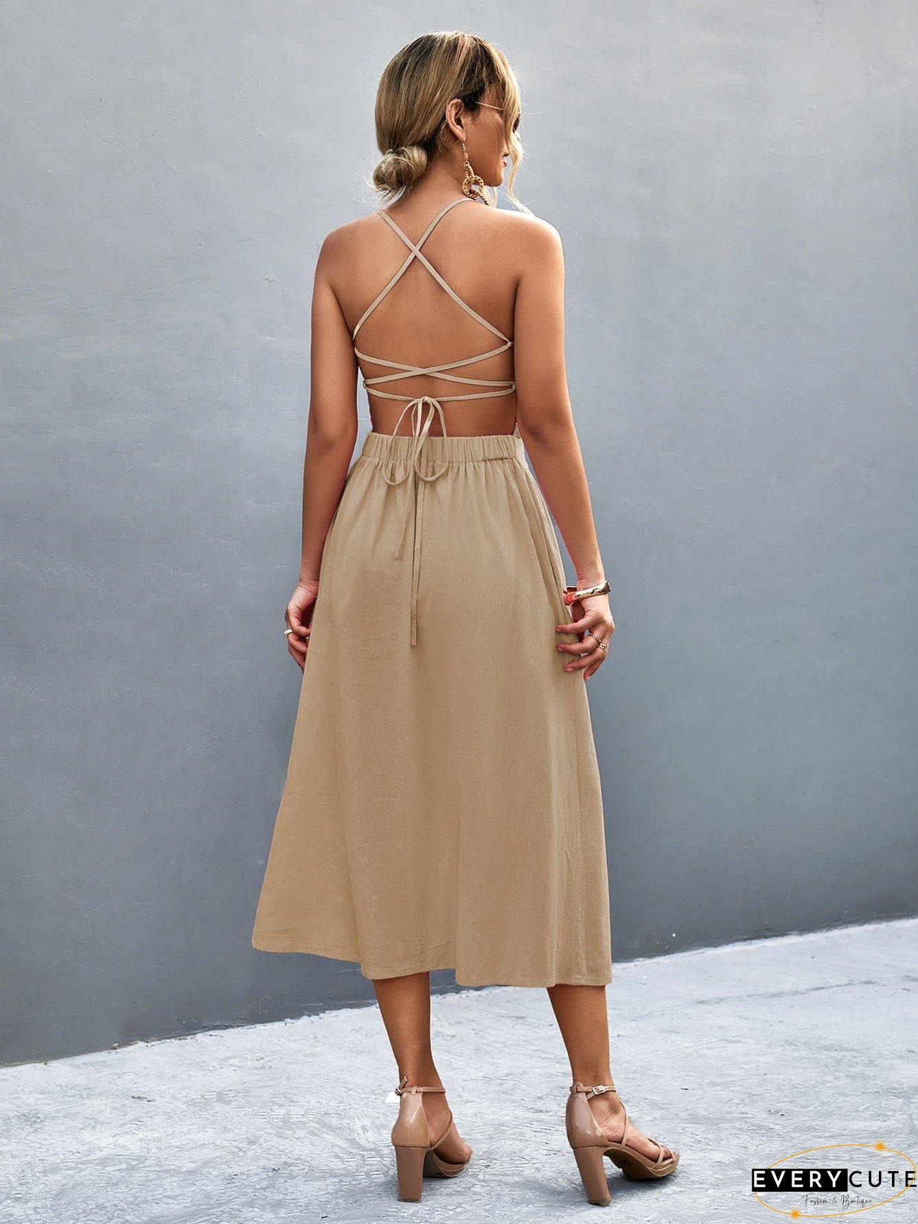 Buttoned Halter Neck Frill Trim Midi Dress