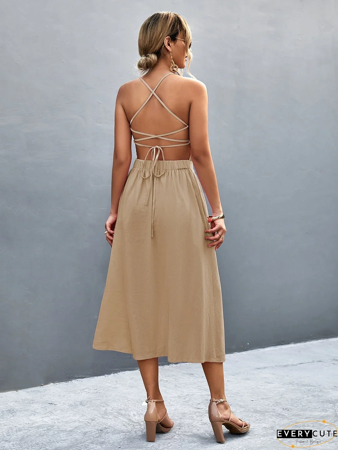 Buttoned Halter Neck Frill Trim Midi Dress