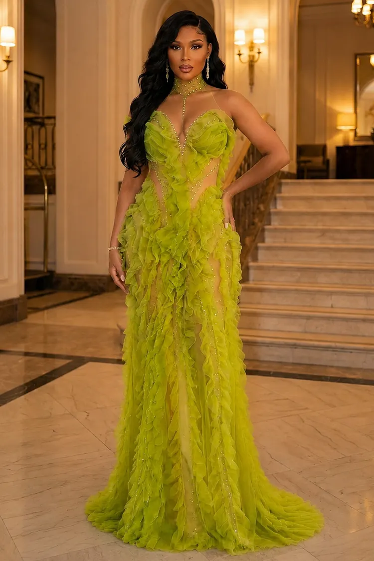 green illusion dress Loragal High Collar Rhinestone Waved Mesh Mermaid Party Maxi Dresses ODS-072826