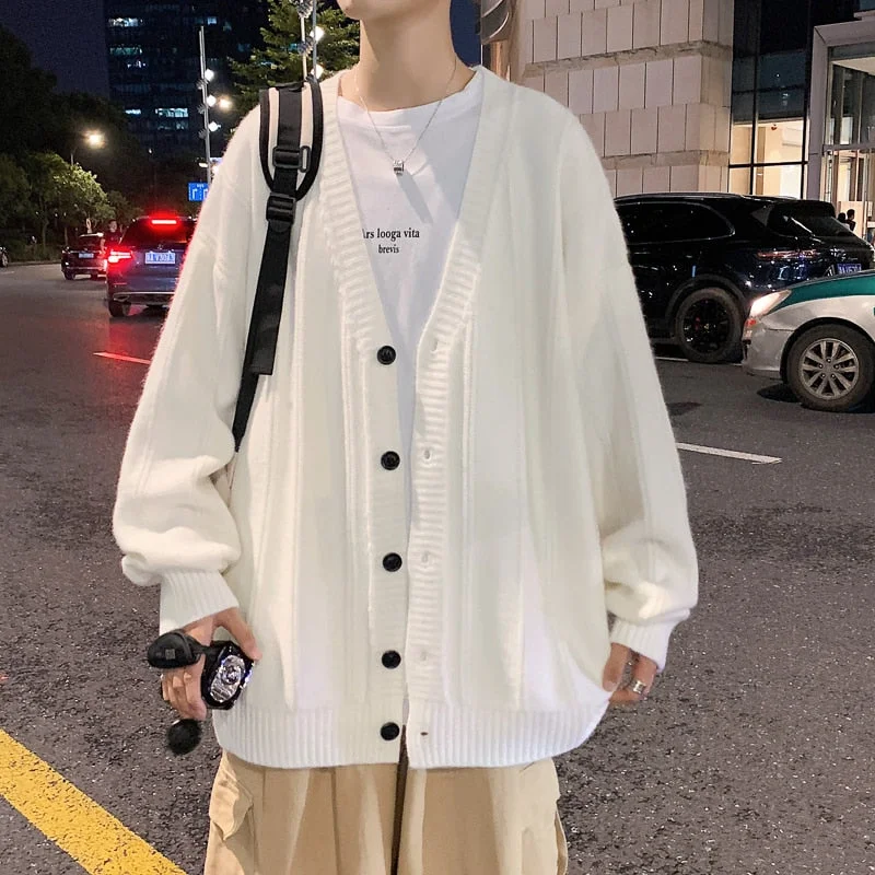 Inongge Men Cardigan Autumn Male Outwear Mens Sweaters V-neck Argyle Retro Japanese Trendy All-match Casual Oversized Loose Sweater