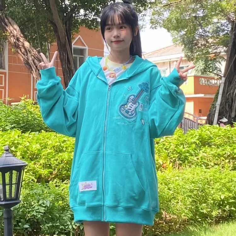 Kawaii Long Bunny Ears Guitar Embroidery Zipper Hooded Sweatshirt - Modakawa modakawa