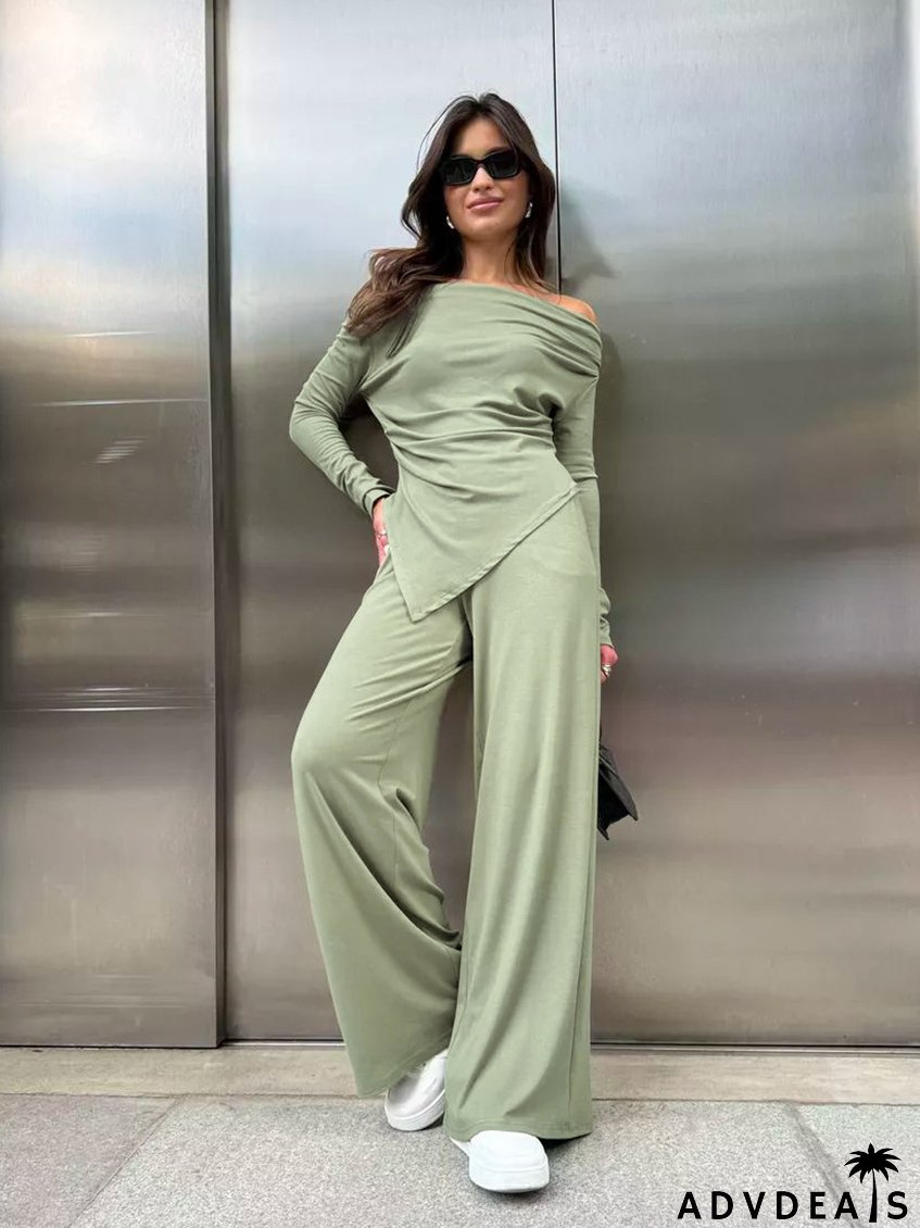 Autumn And Winter Grey Knitting Fashion Off Shoulder Long Sleeve Top High Waist Wide Leg Pants Casual Two Piece Set