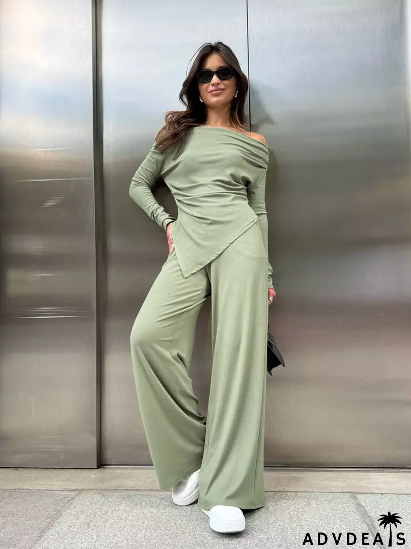 Autumn And Winter Grey Knitting Fashion Off Shoulder Long Sleeve Top High Waist Wide Leg Pants Casual Two Piece Set