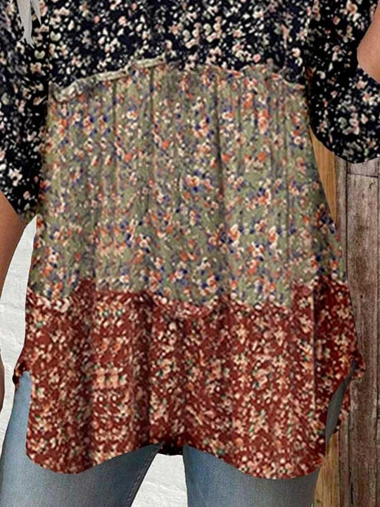 Women 3/4 Sleeve V-neck Floral Printed Graphic Button Tops