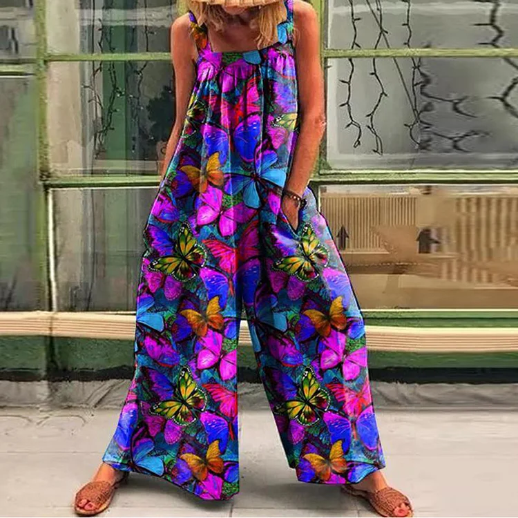 Butterfly Print Loose Casual Jumpsuit