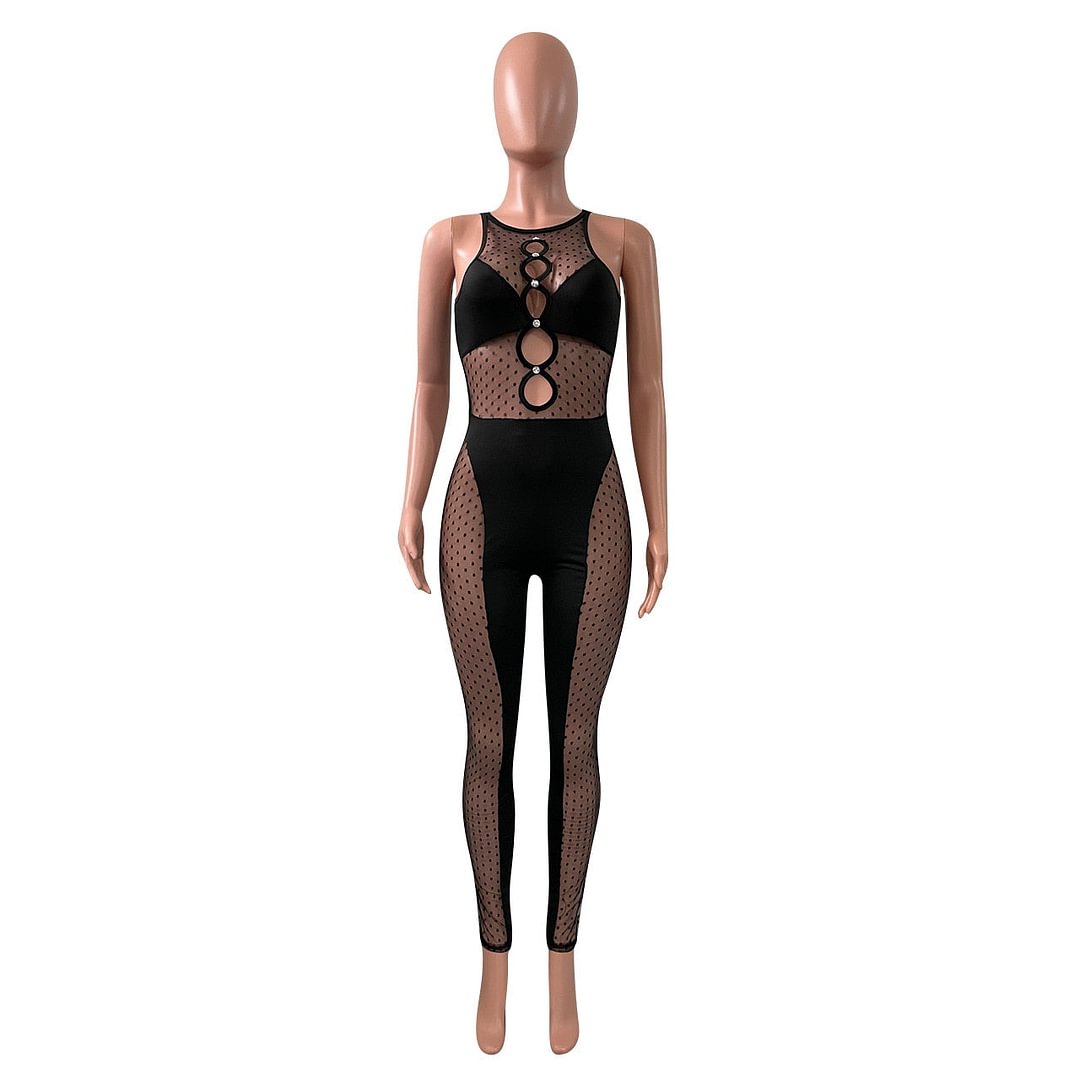 hirigin Mesh Patchwork Women Sleeveless Cut out Jumpsuit Skinny Sexy Streetwear Sportswear Long pant Rompers 2022 Summer Outfits