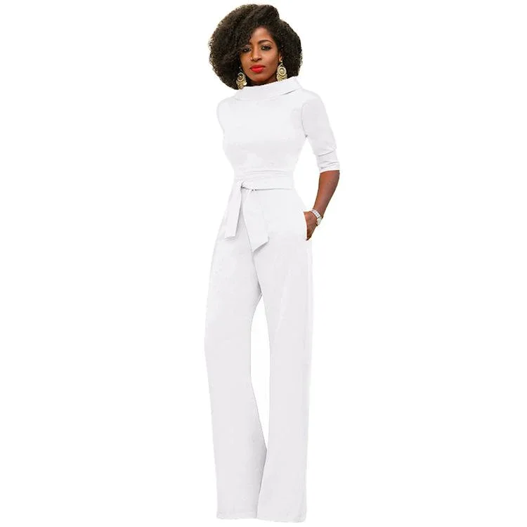 New Fashion Women's Solid Color Lapel Five-point Sleeve High Waist Wide Leg Jumpsuit