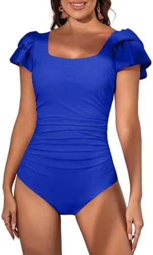 Ruffle Square Neck Tummy Control One Piece Swimsuit