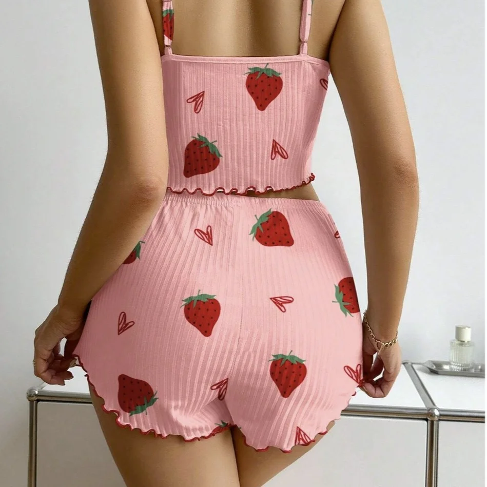 Uveng Strawberry Love Pajamas Women's Sling Vest Shorts Set Printed Homewear