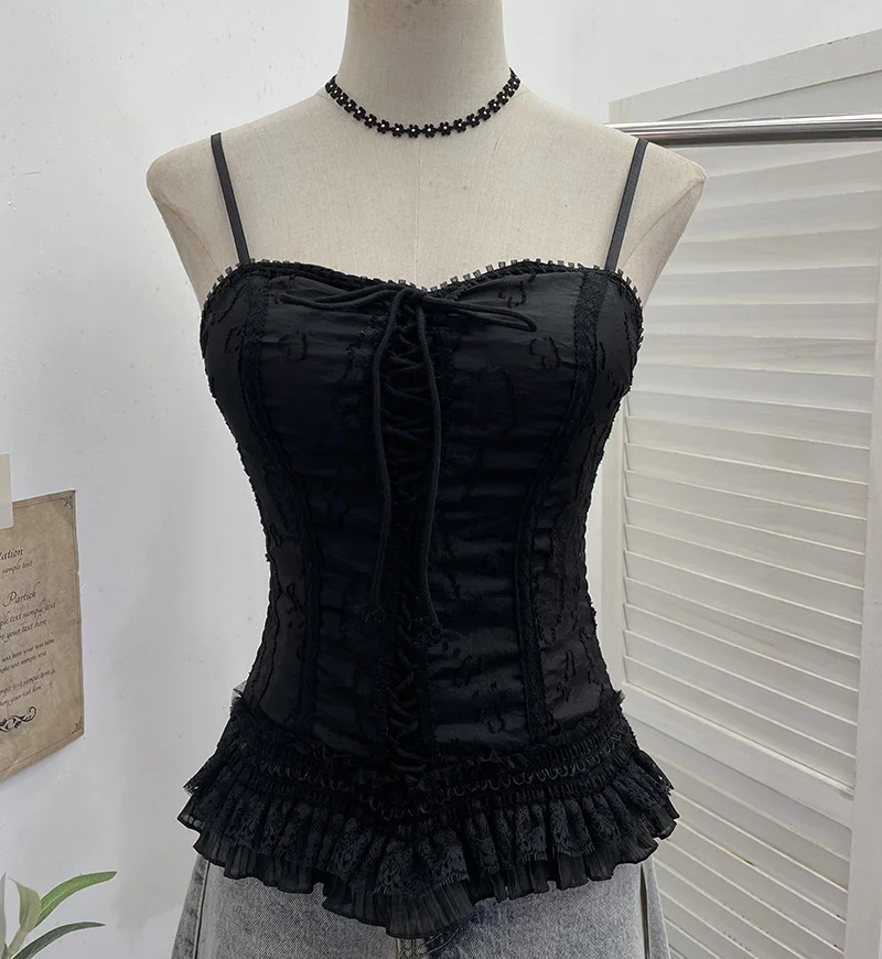 Nigikala Nigikala Self-Breasted Tector-Boo-Tie Baroque Lace Strapped Sling Vest Short Corset 8832