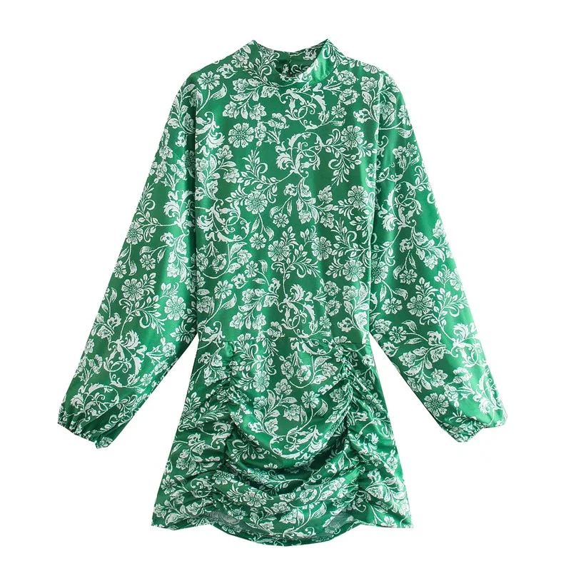 Jangj Green Floral Ruched Mini Dress Za 2021 Women Summer Fashion O Neck Long Sleeve Vestidos Cortos Sukienka Letnia Robe Femme New