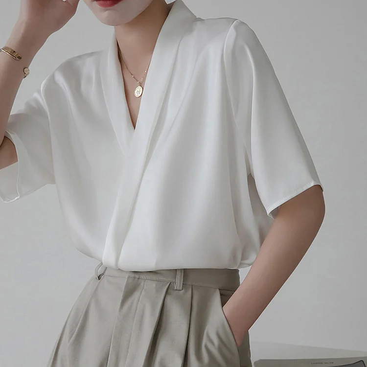 Light Steel Surplice Neck Ruched White Blouse QueenFunky