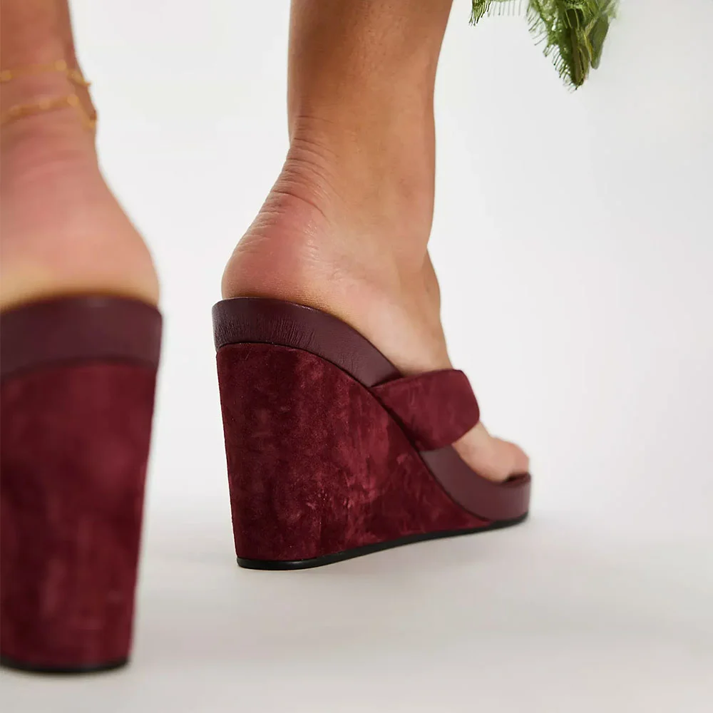 Vegan Suede Flip Flop Style Open Round Toe Wedge Sandals in Burgundy