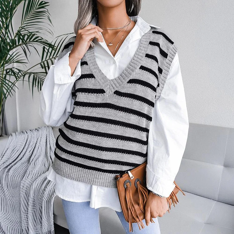 Mayoulove Women's Sweaters Deep V-neck Vintage Striped Pullover Casual Knitted Vest-Mayoulove