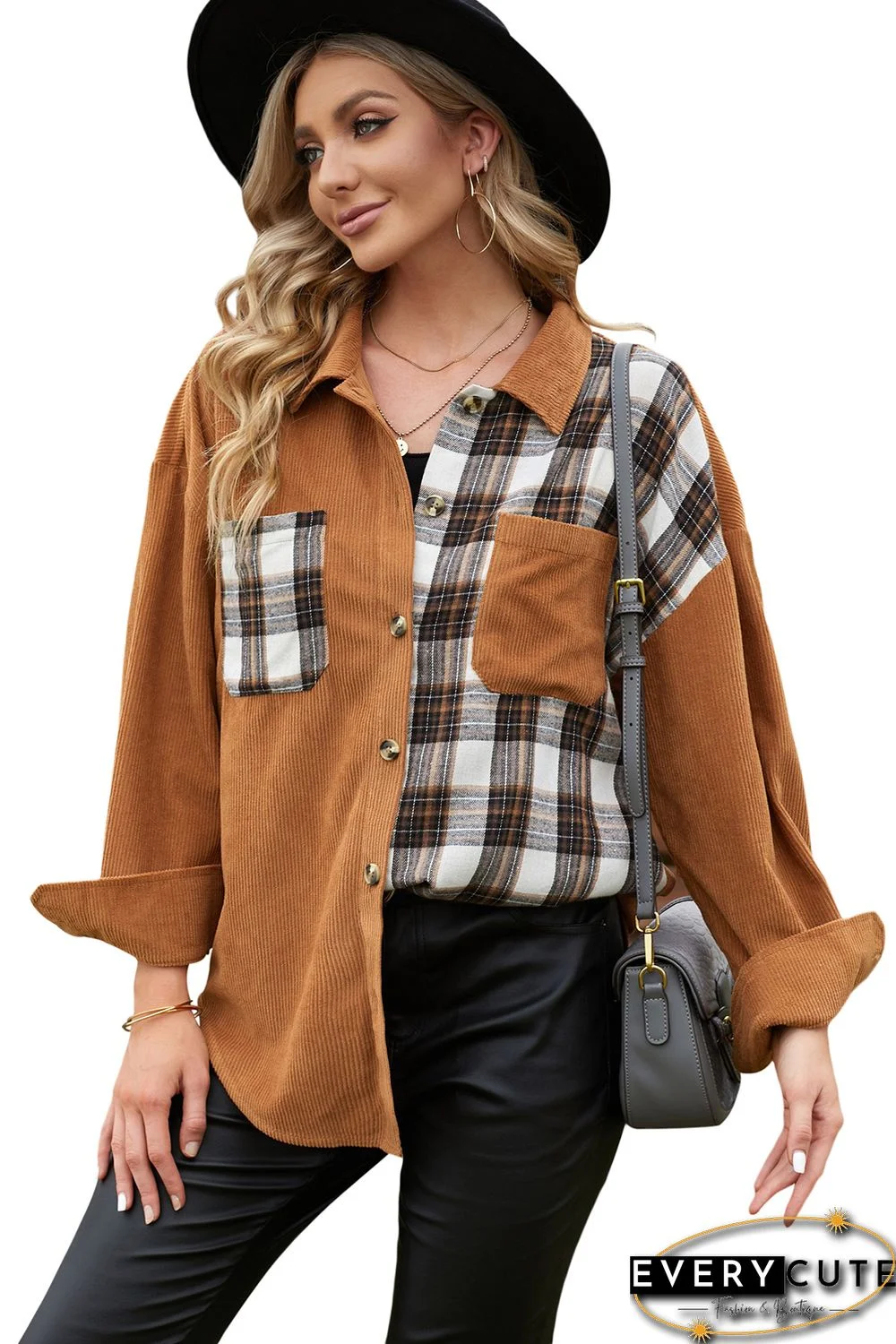 Brown Plaid Splicing Corduroy Shirt