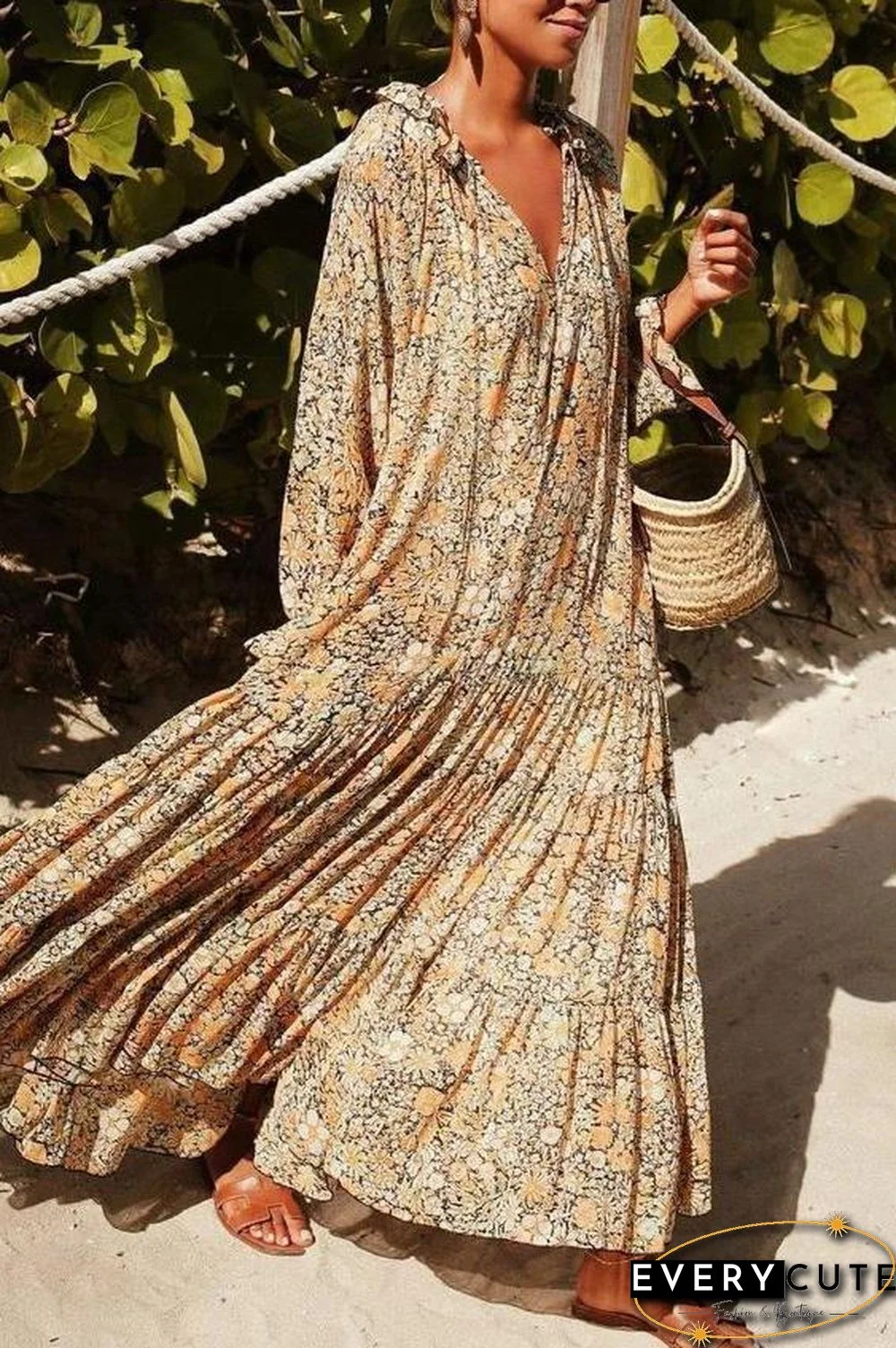 V-Neck Floral Print Long Sleeve Maxi Dress