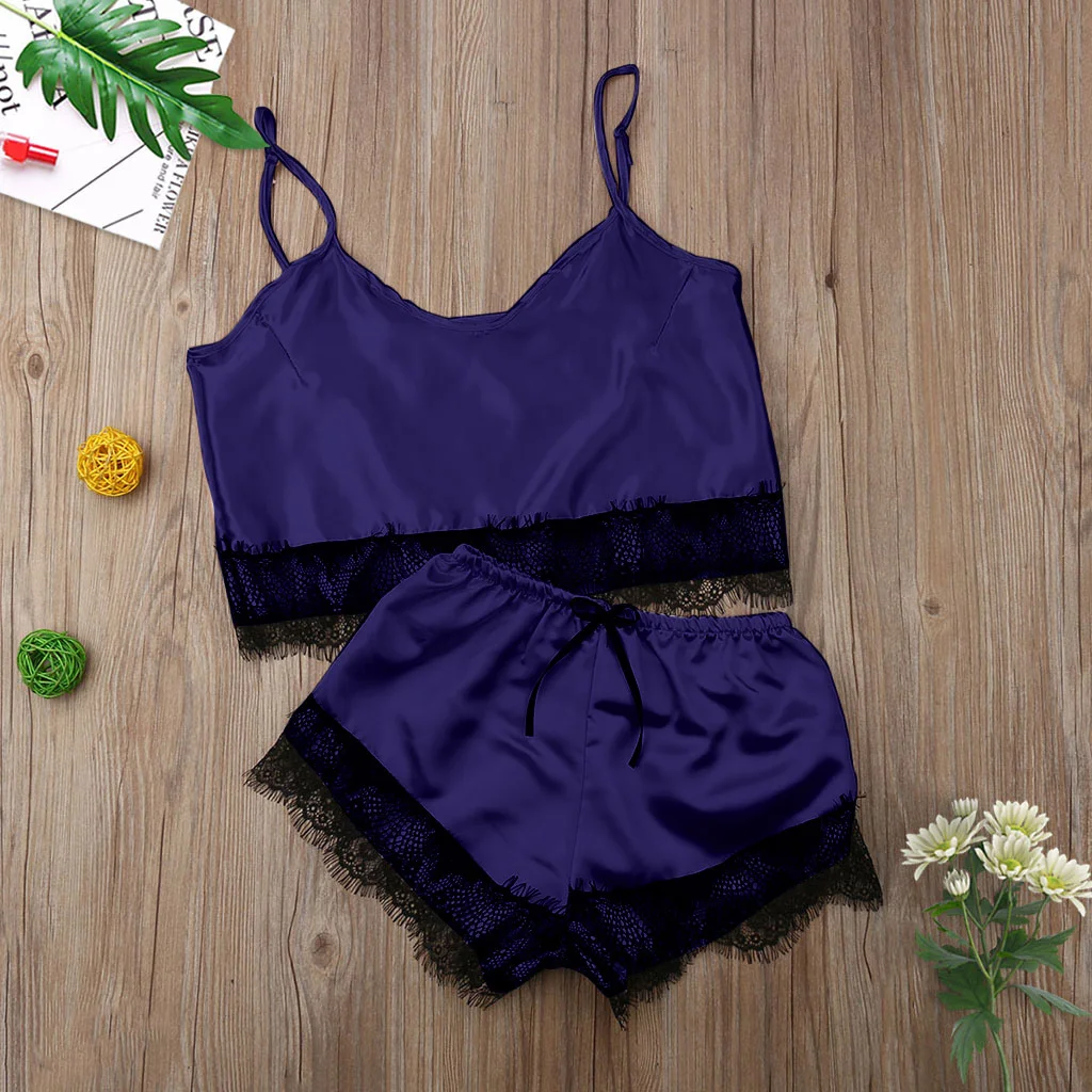 Churchf 2020 New Simulation Lace Trim Split Pajamas Set Sex Lace Set